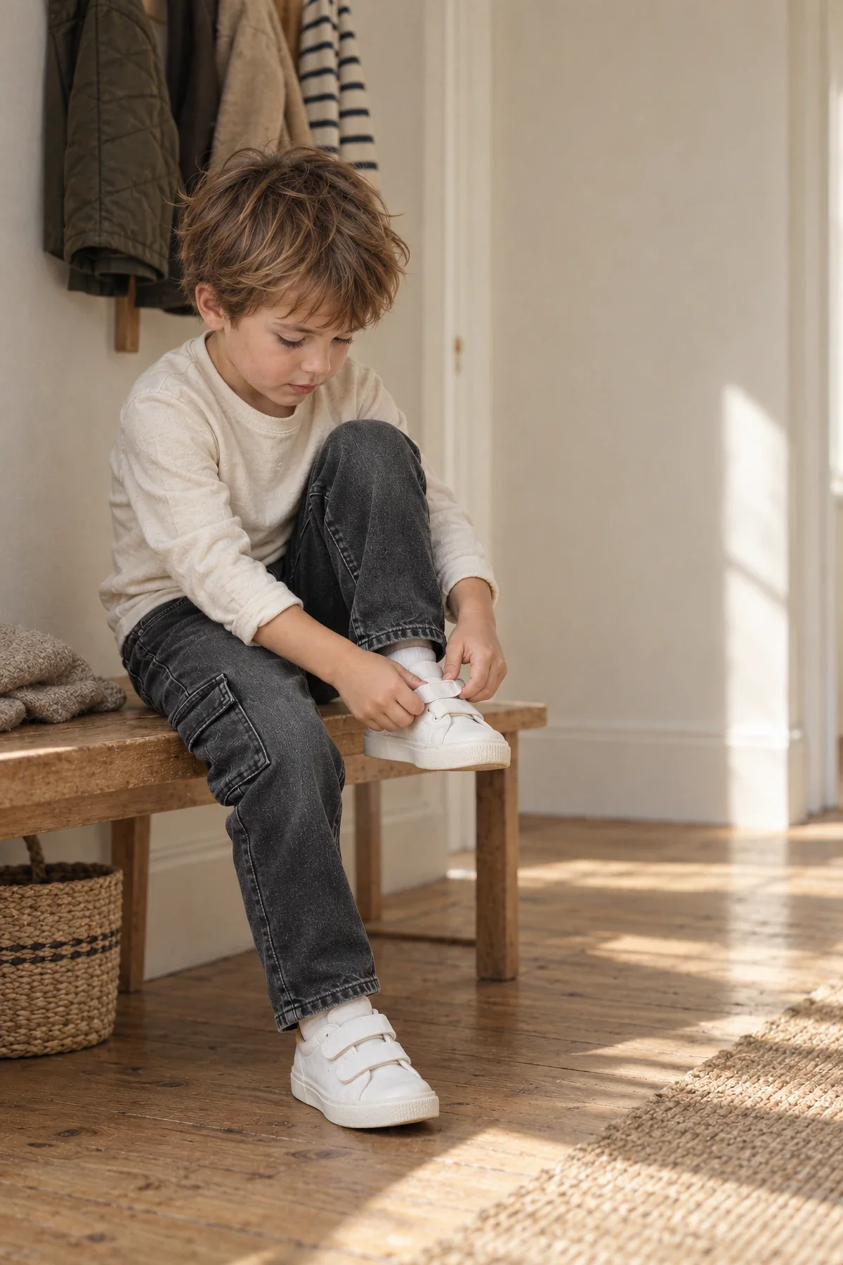 A boy in a cream long-sleeved tee and black cargo jeans sits on a wooden bench in a sunlit Copenhagen hallway, fastening his sneaker.