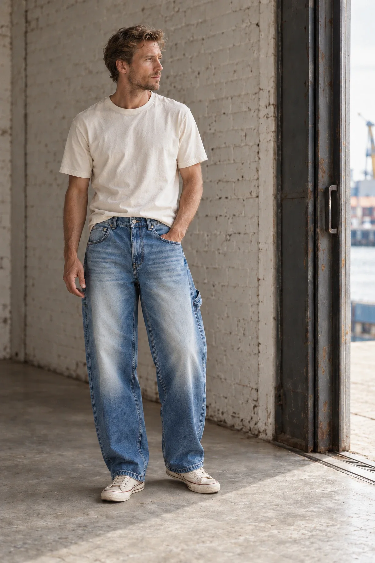 A man in a white tee and bleached mid-blue carpenter jeans stands in the doorway of a brick warehouse in Rotterdam.