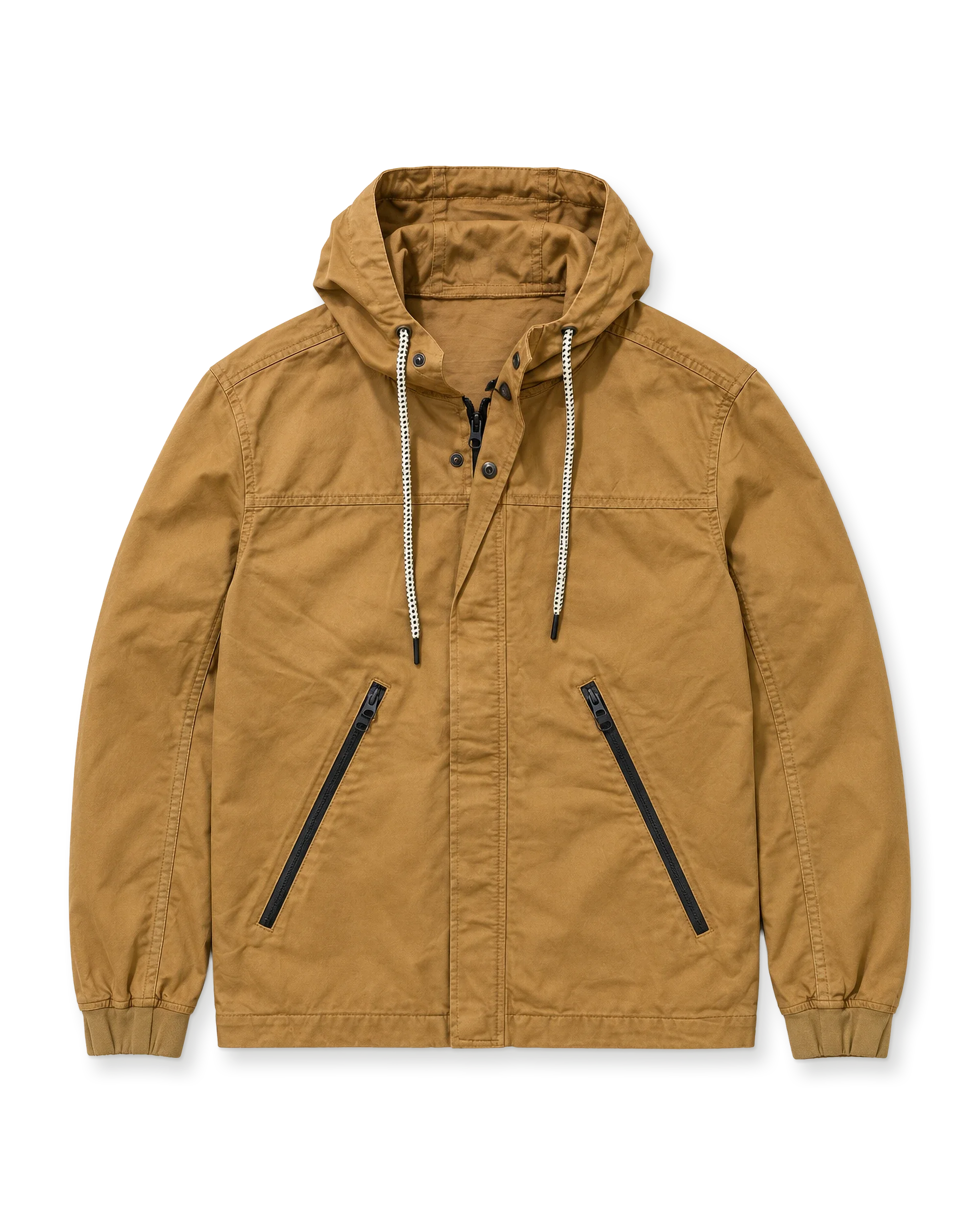 A hooded utility jacket in tan twill