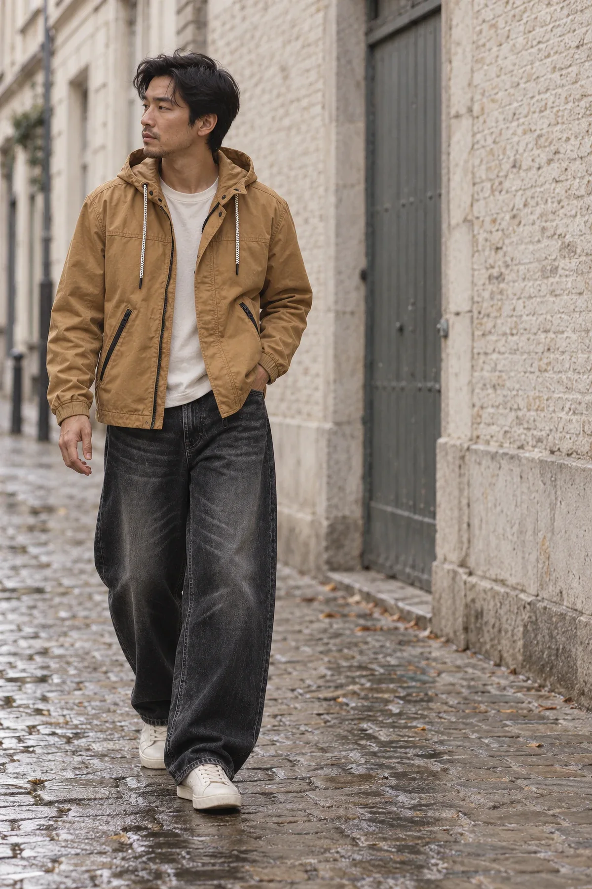 A man in a tan hooded utility jacket and washed black baggy jeans walks down a wet cobbled street in Antwerp.