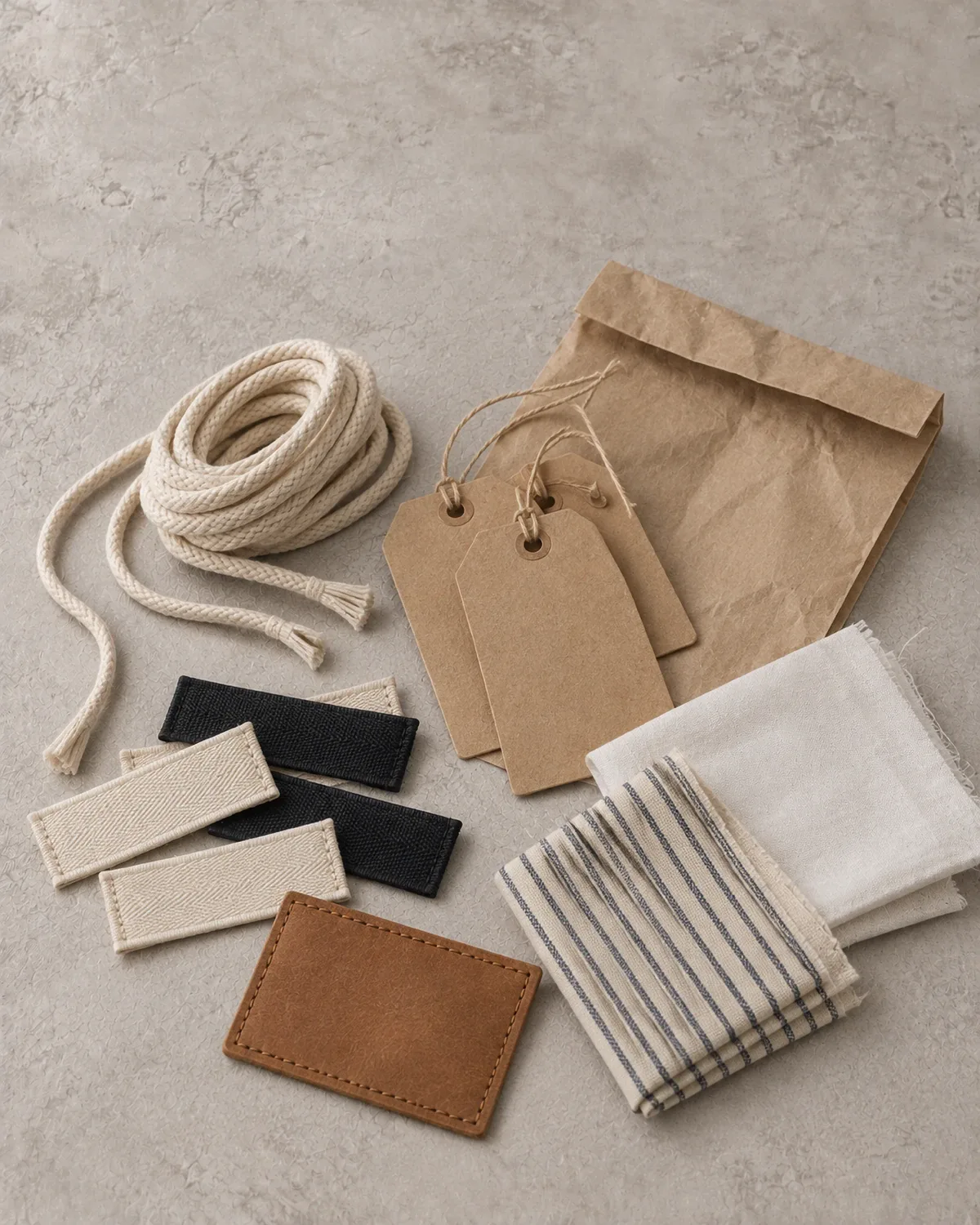 Plain woven labels, a tan leather patch, kraft hangtags, cotton drawcord, pocketing fabric and a paper bag on pale plaster.
