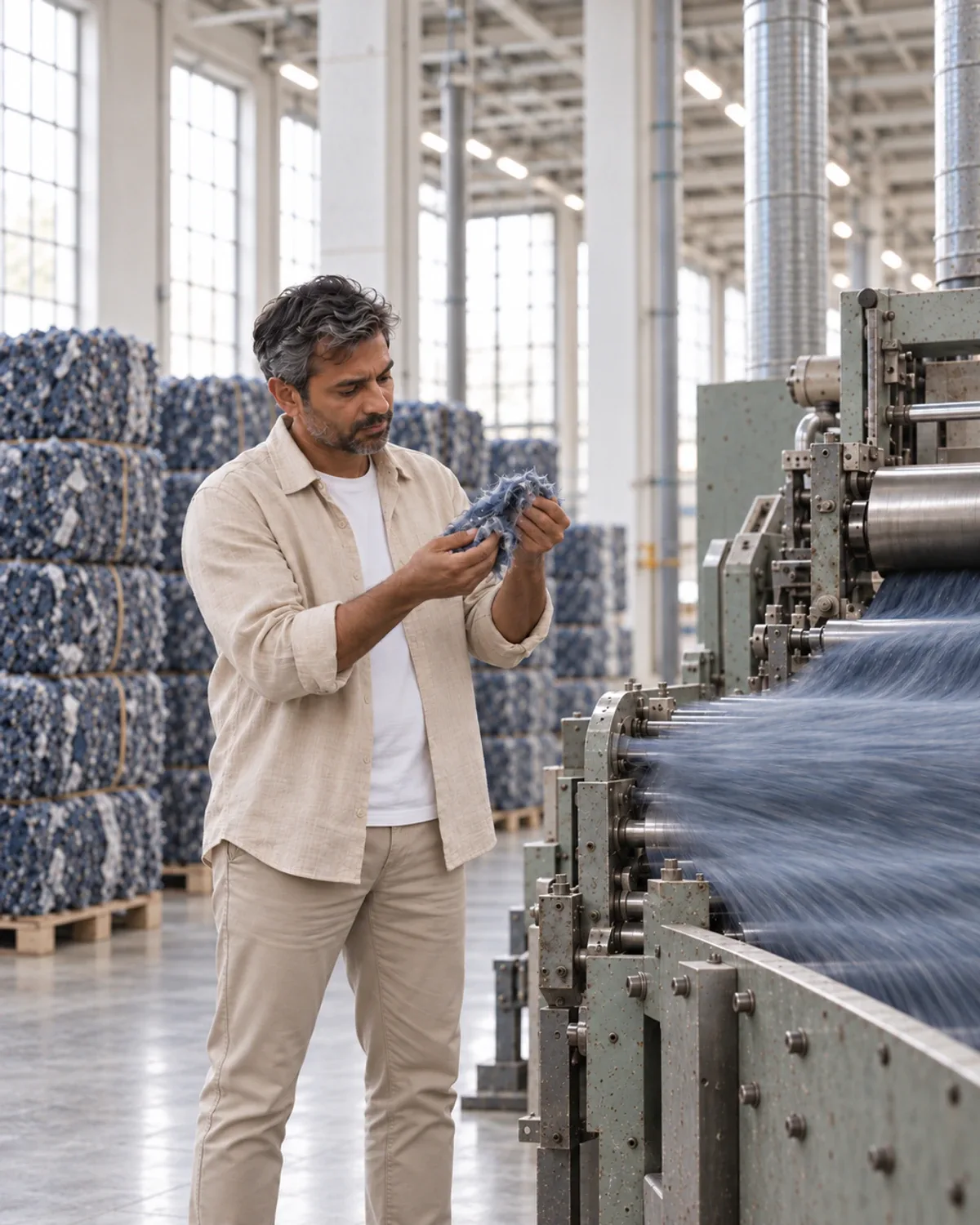 In a bright mill, a man in a linen overshirt checks a handful of recycled denim fibre beside a carding machine, the fibre streaming past in a blur.