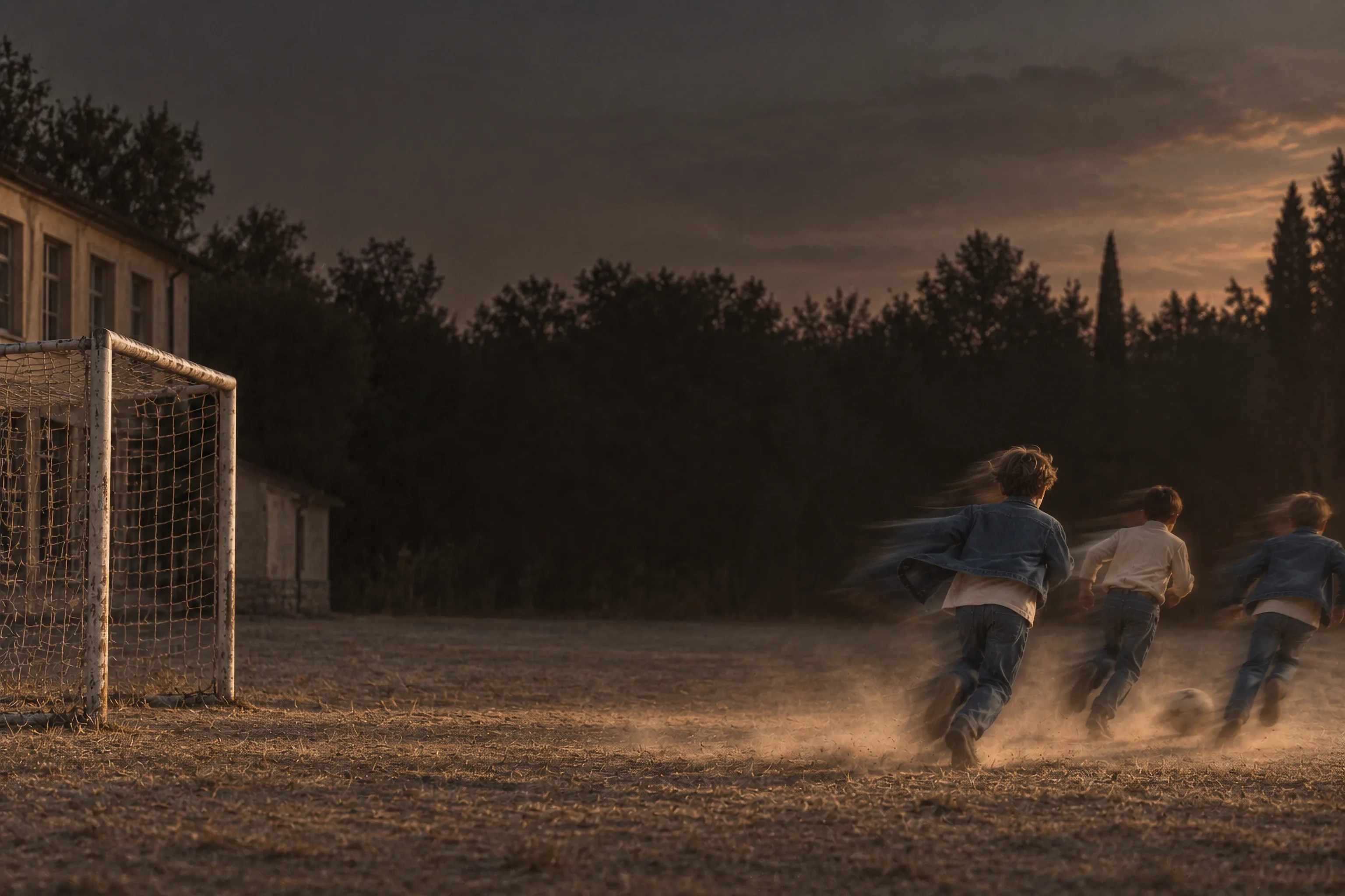 Three boys in denim chase a ball across a dusty school pitch at dusk, blurred with speed, dust kicked up behind them.