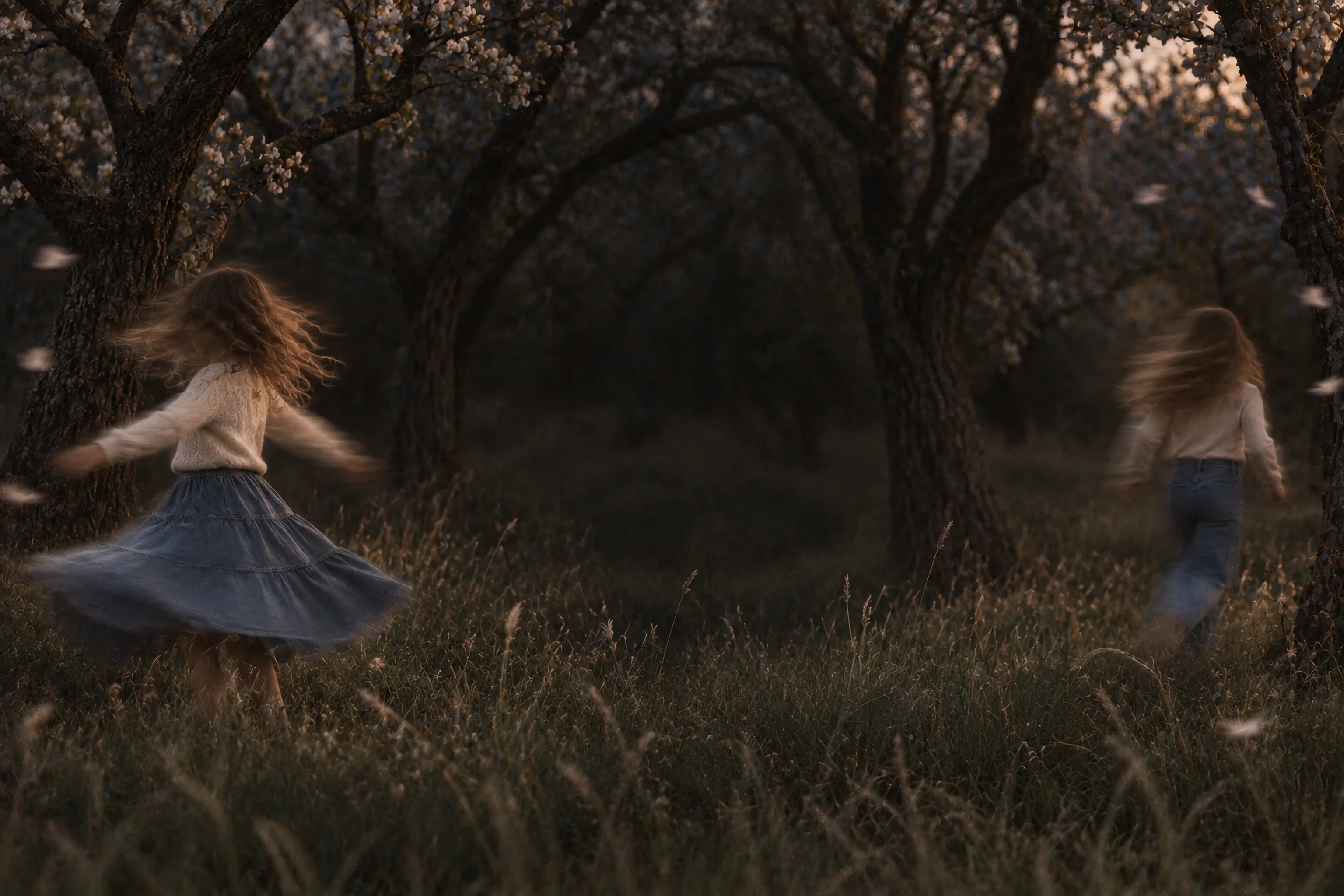 In an orchard at blue hour, a girl spins in a tiered denim skirt, the skirt a soft swirl; another girl runs off between the trees.