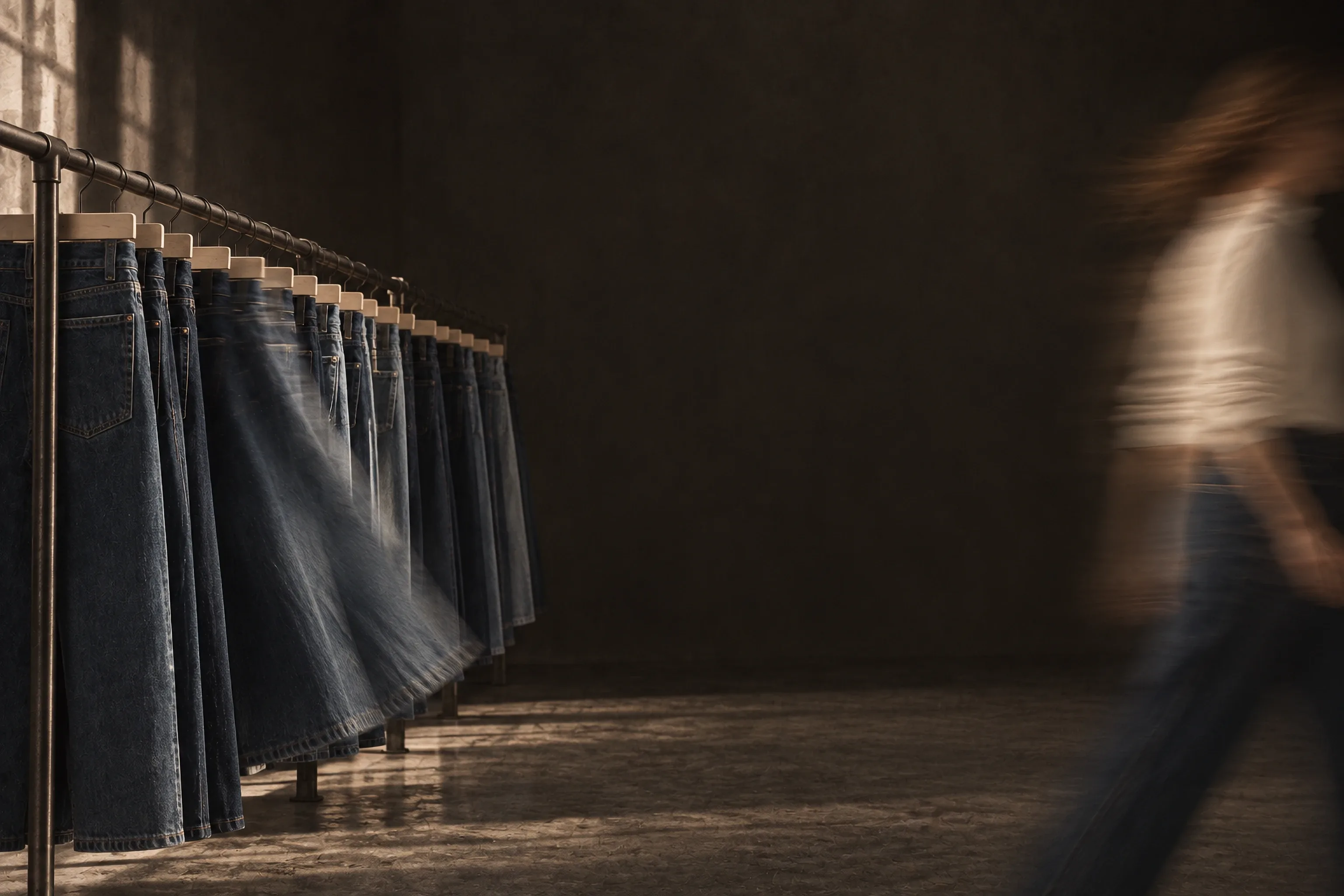 A long rail of denim samples in a dim studio; one pair sways as a figure in a cream shirt walks past in a blur.