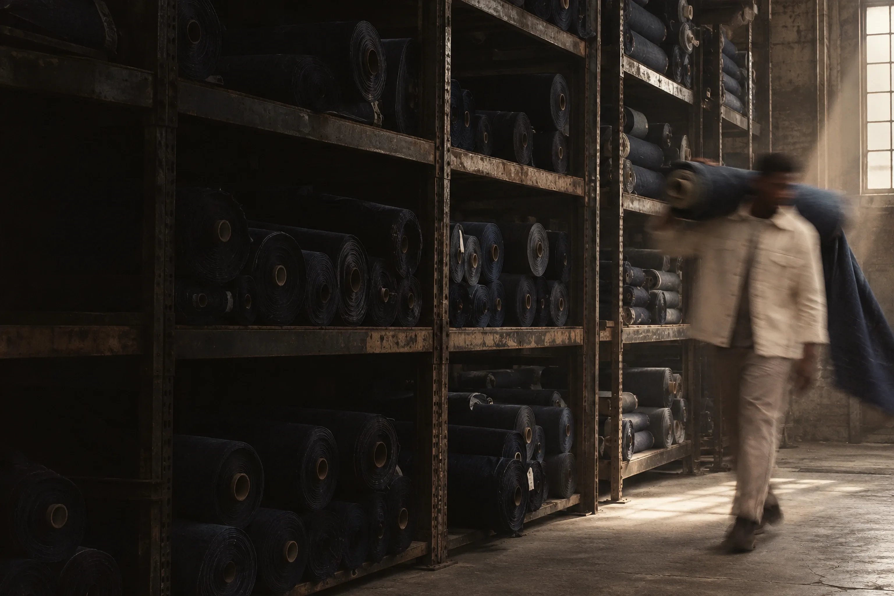 In a dim mill warehouse a man in an ecru overshirt carries a roll of raw denim on his shoulder past tall racks of indigo fabric rolls, blurred by a slow shutter.