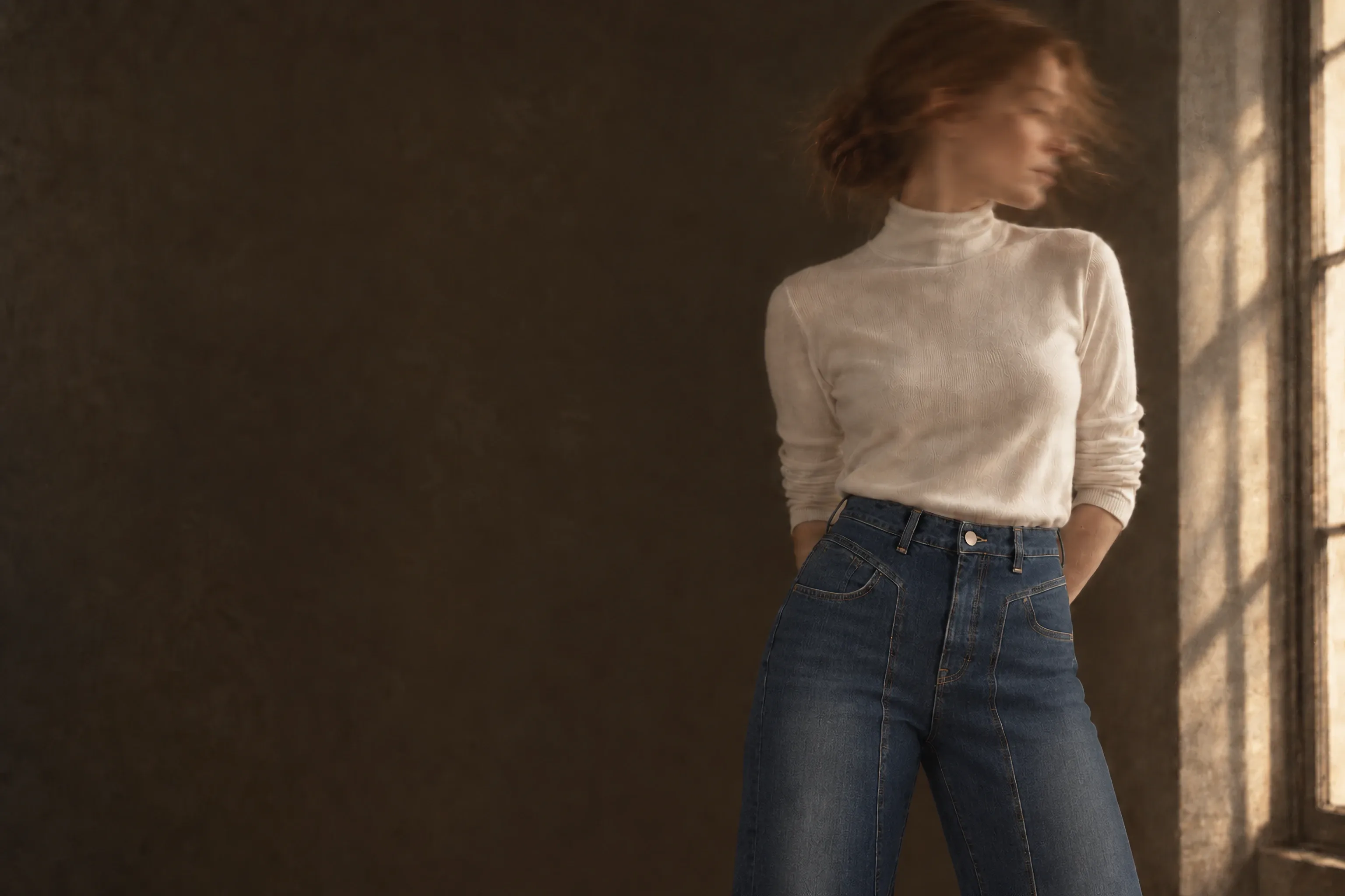 A woman in a cream roll-neck and mid-blue wide-leg jeans with seamed fronts, turning away beside a sunlit window in a dark room.
