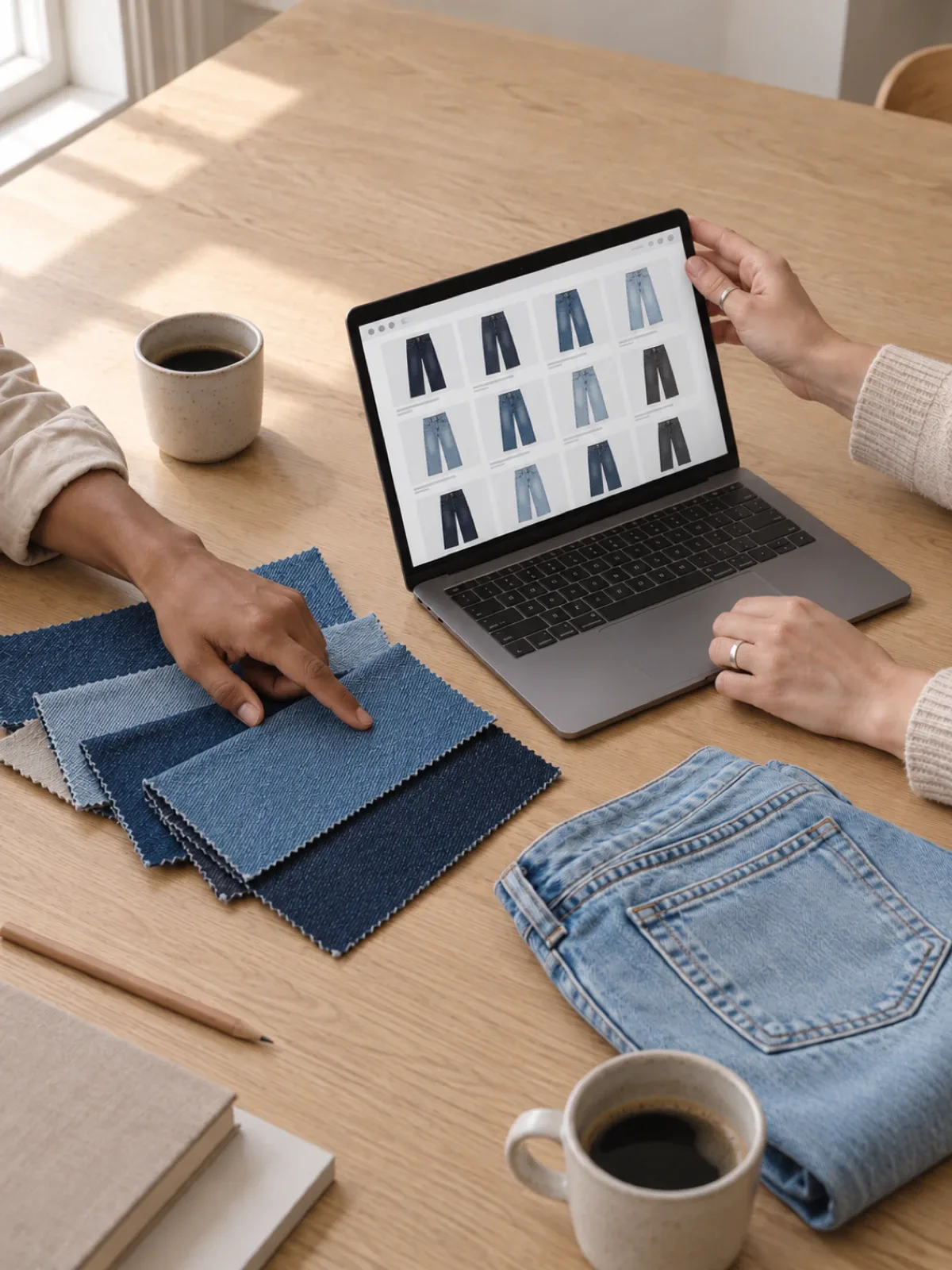 Hands round a table: denim swatches, a folded pair of light jeans, coffee, and a laptop showing a line sheet of jeans.