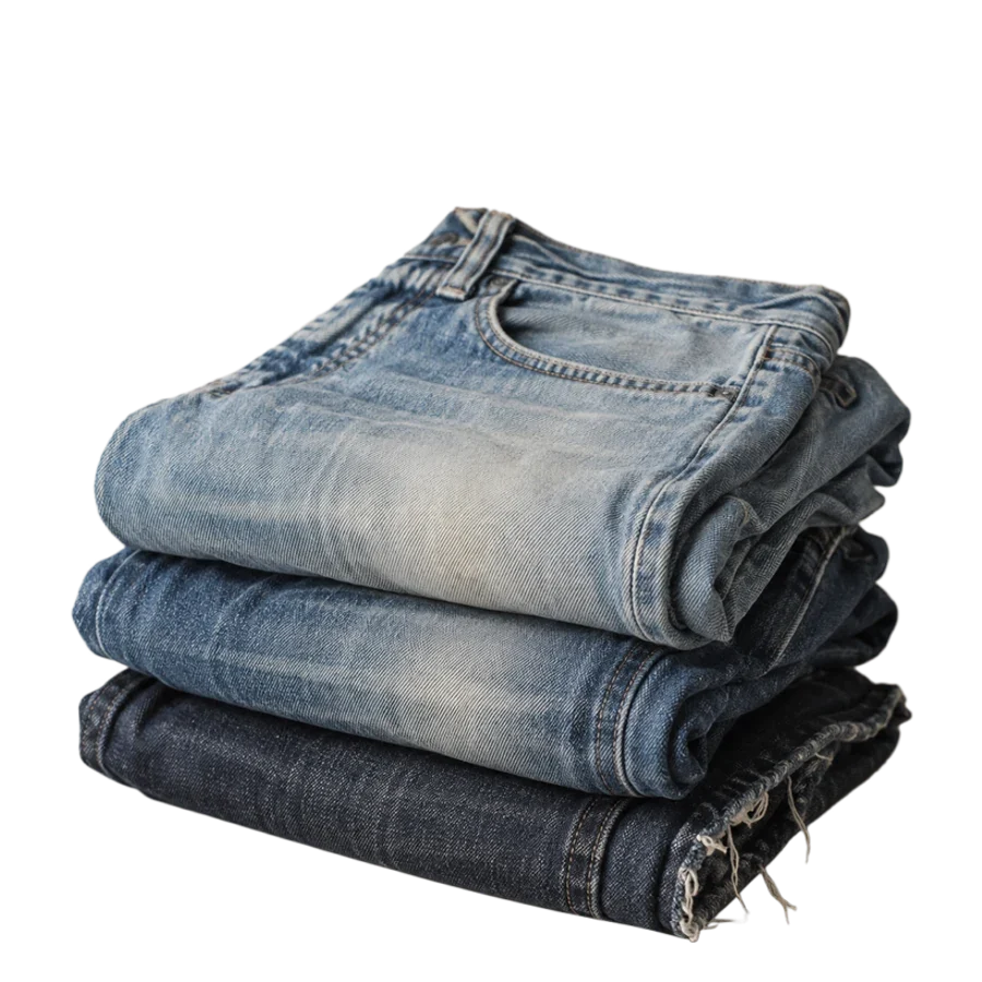 Three pairs of worn jeans folded in a pile, light to dark.