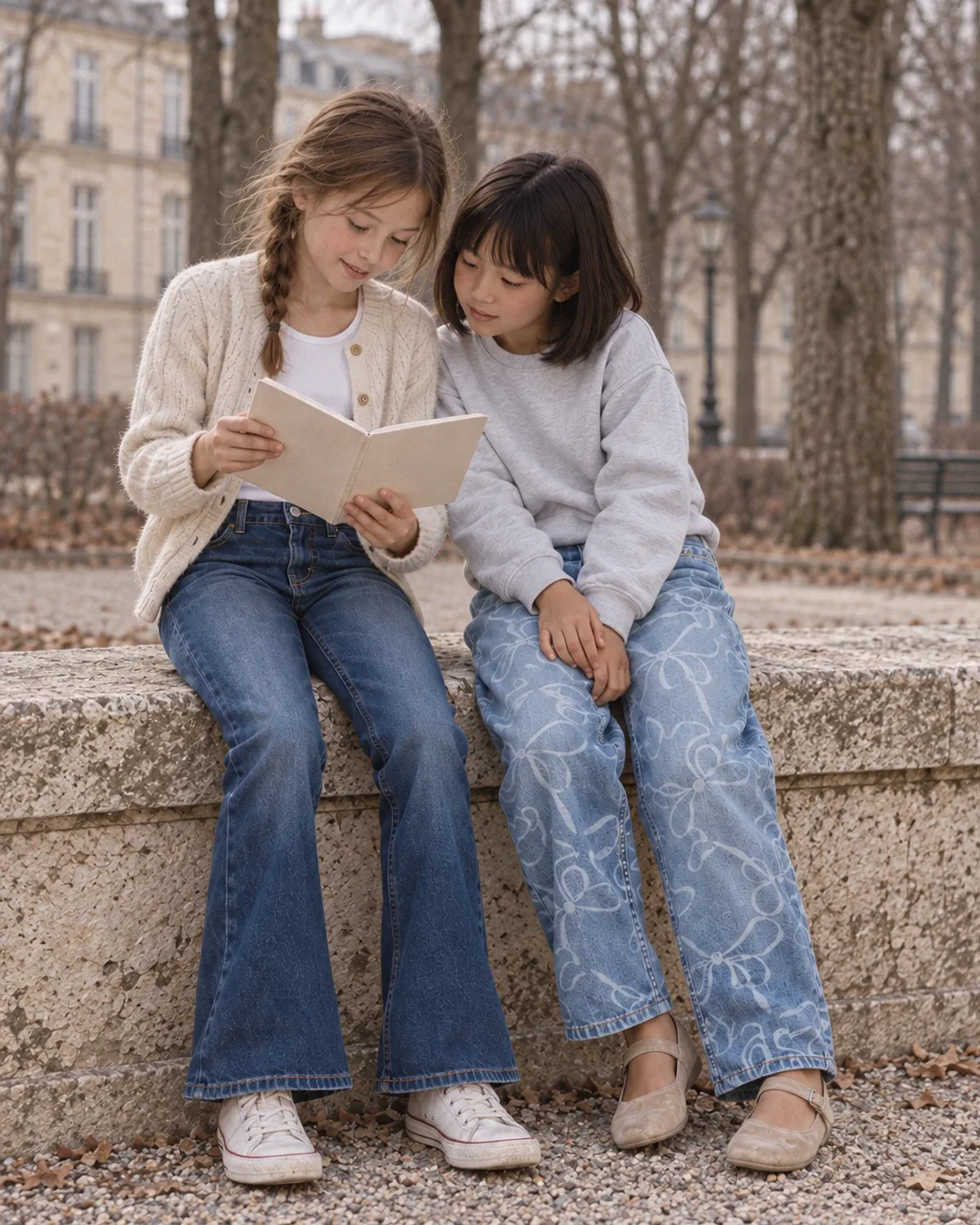 Two girls on a park wall reading a notebook, in dark flared jeans and light jeans printed with bows.