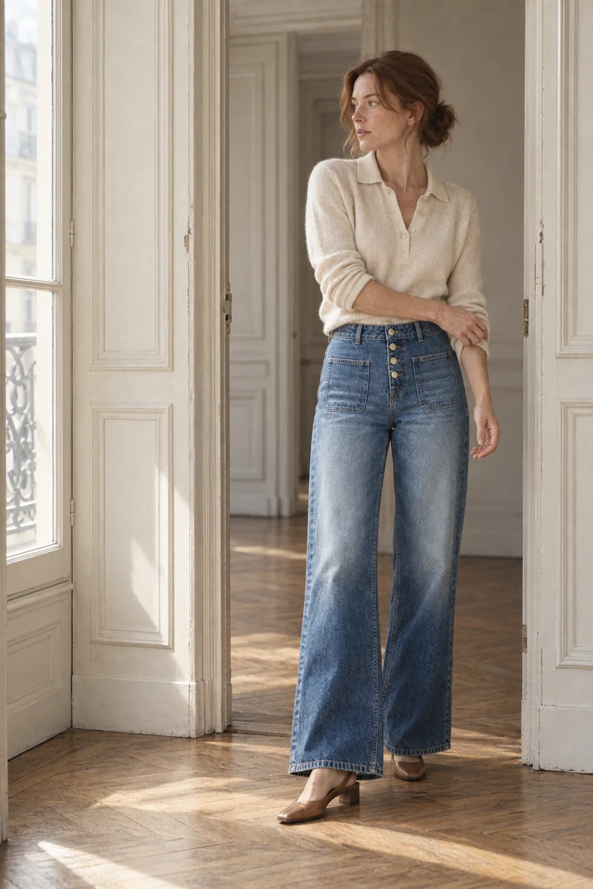 A woman pausing in a Paris doorway in mid-blue flared jeans with front patch pockets and a cream knit polo.