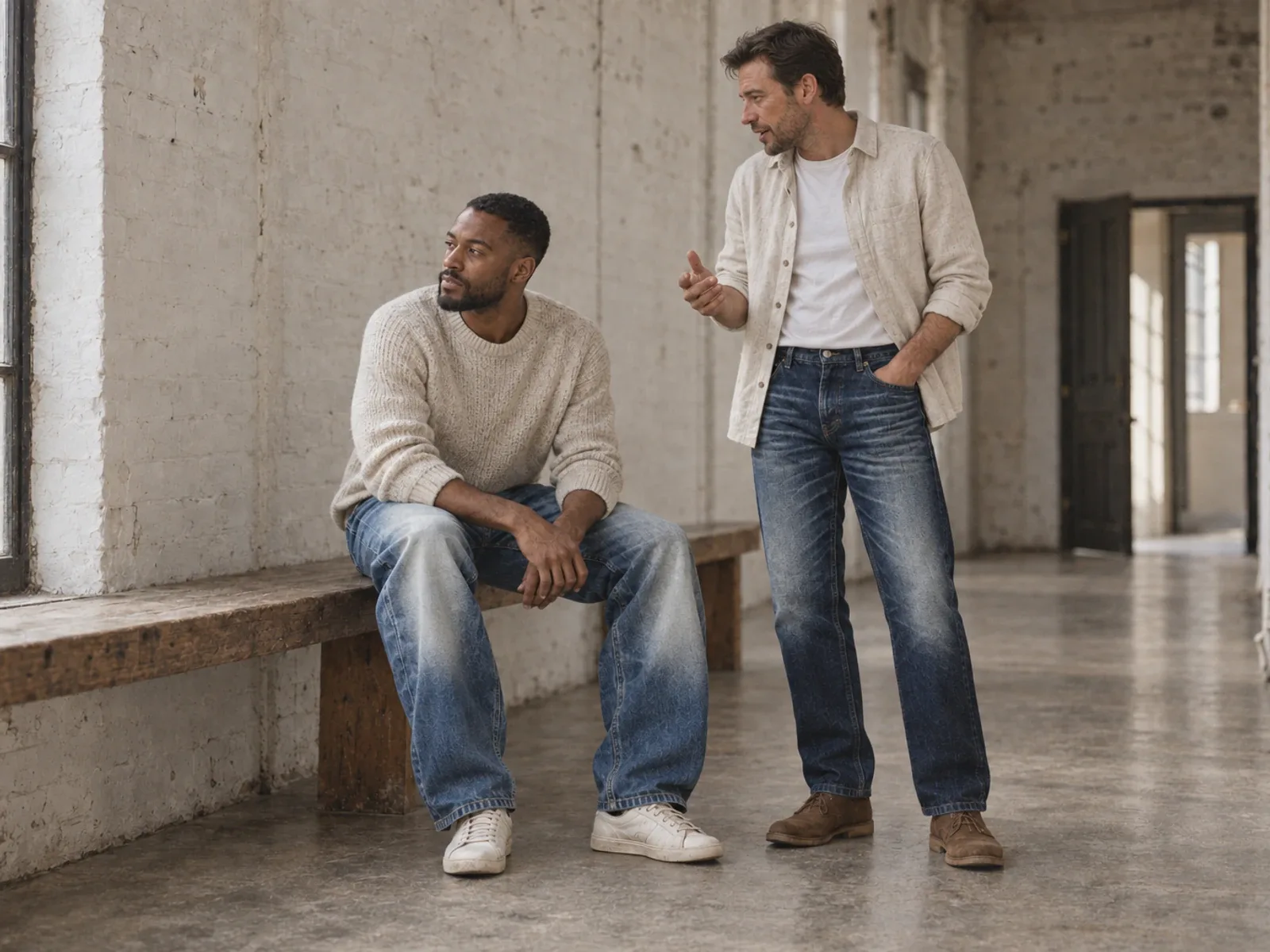 Two men in a mill corridor, one seated in light barrel-leg jeans, one standing in dark straight jeans.