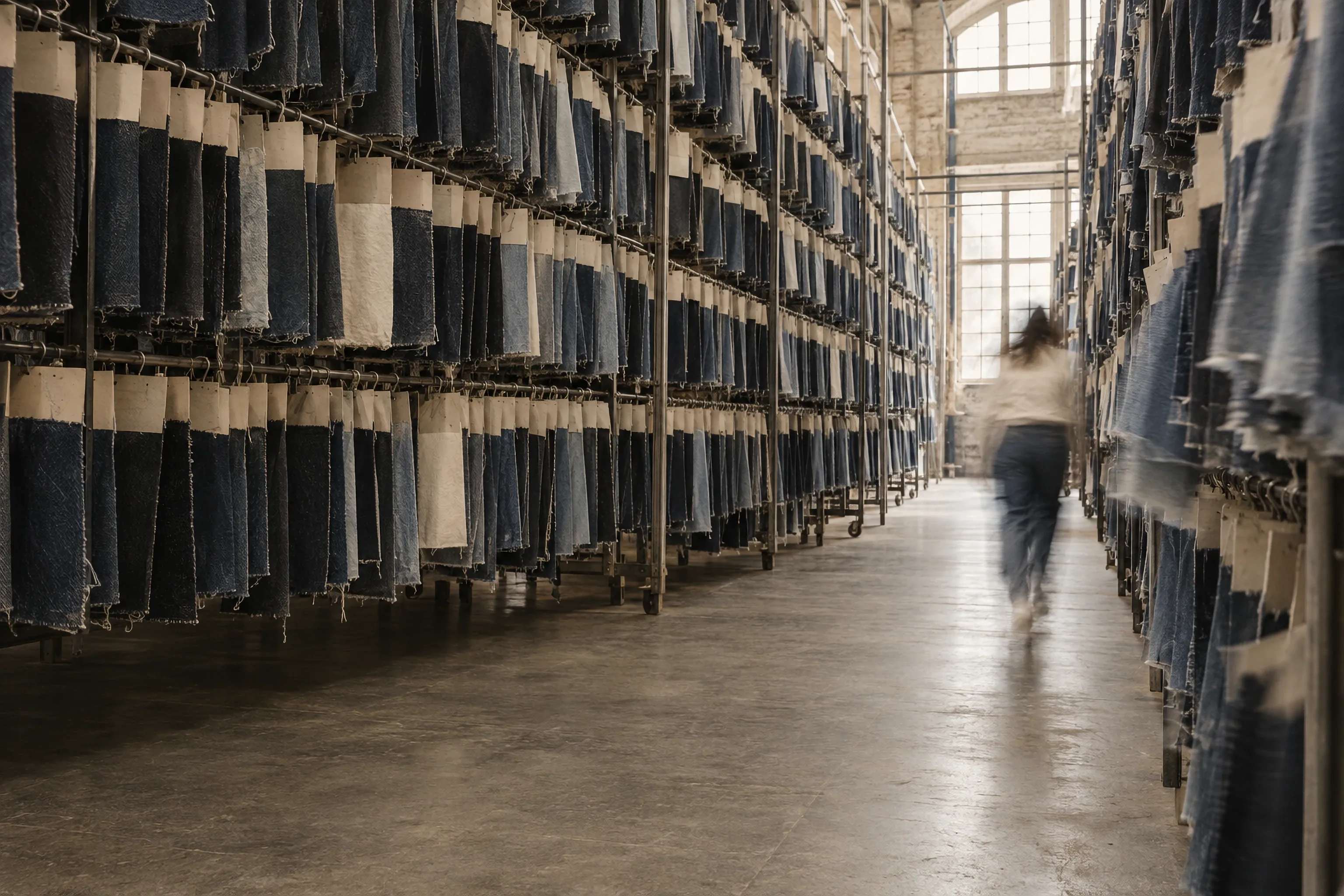 A long aisle in an old mill hung floor to ceiling with denim swatches on cards, from raw indigo to bleached, a woman hurrying away down it as a blur.