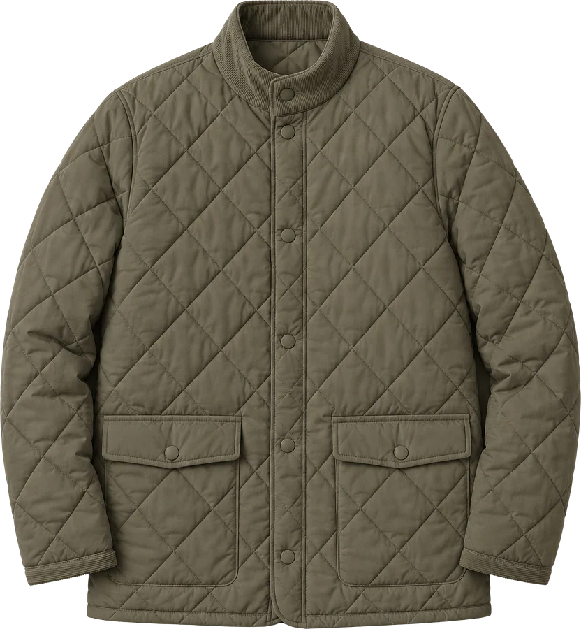 Olive diamond-quilted padded jacket with flap pockets.