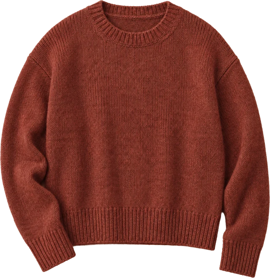 Rust lambswool crew-neck sweater with a deep ribbed hem.
