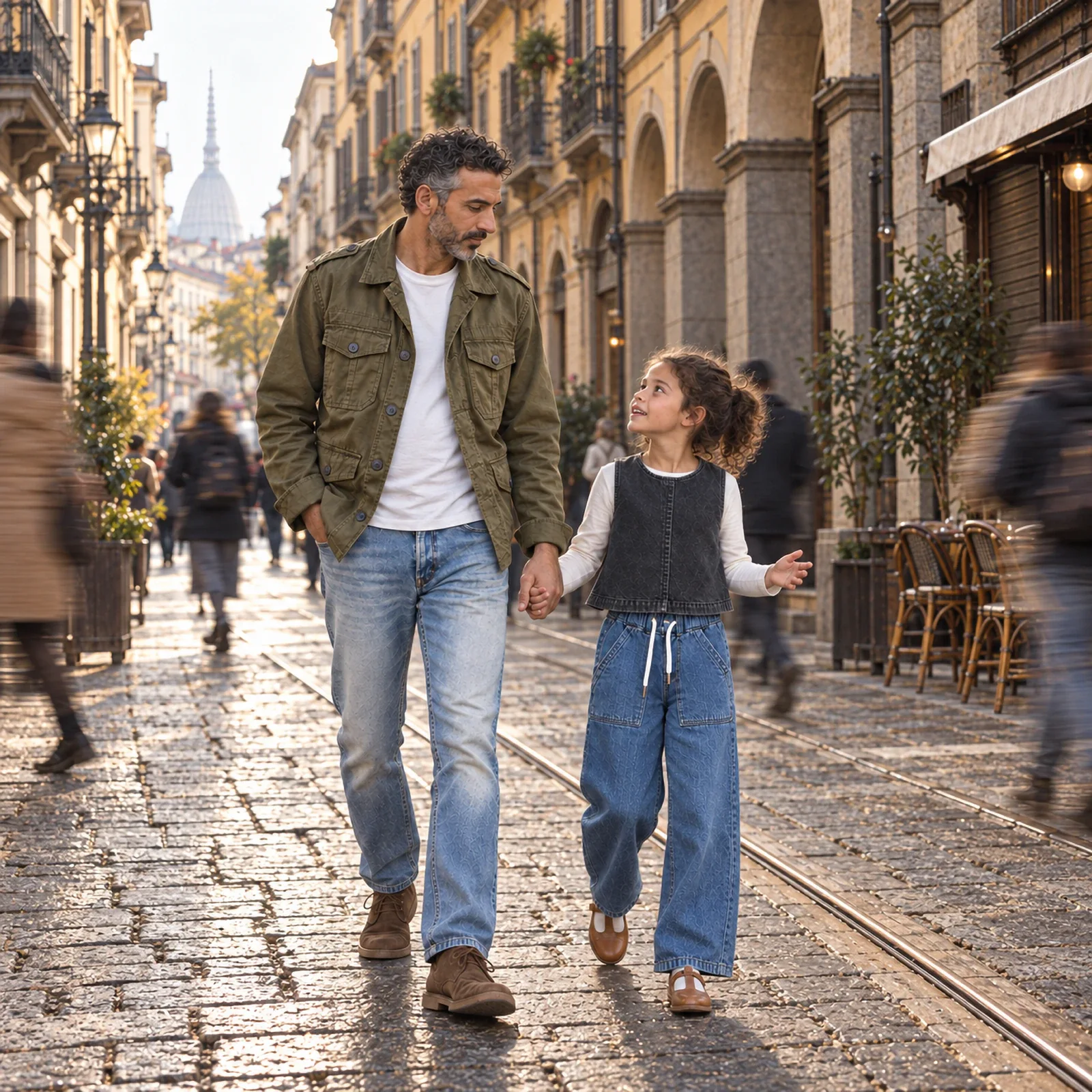 A man in an olive field jacket and light straight jeans walks hand in hand with his small daughter, in a black denim vest top and mid-blue wide jeans, through an empty market hall in Turin.