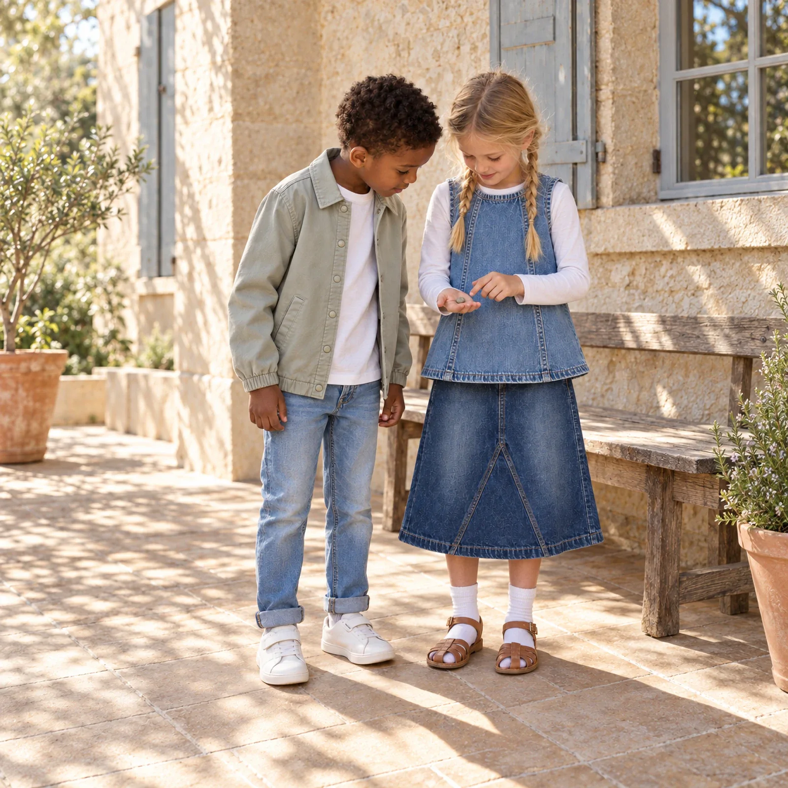 A boy in a sage twill jacket and light jeans and a girl in a light denim top and dark A-line skirt on a sunny veranda in Provence.