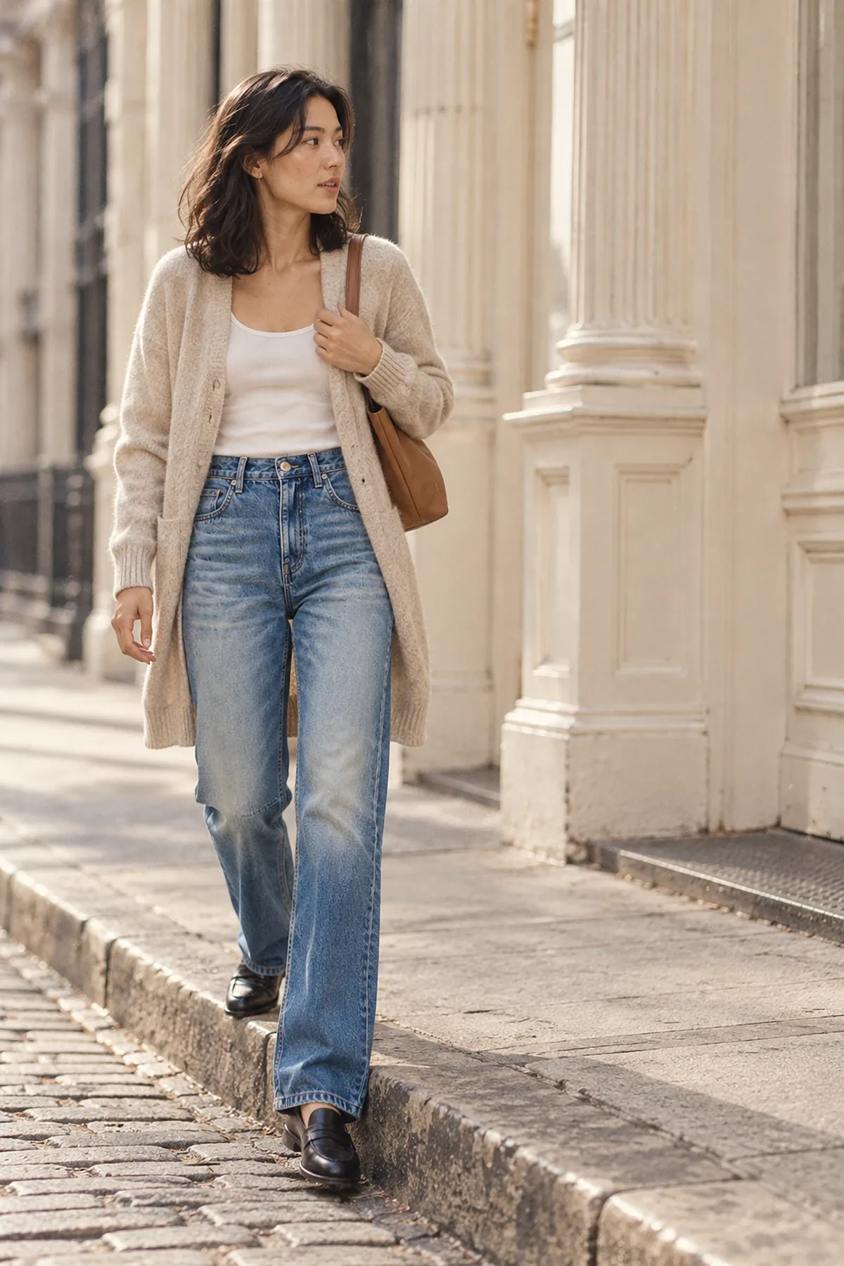 A woman stepping off the kerb on a quiet New York street in an oatmeal cardigan and mid-blue bootcut jeans.