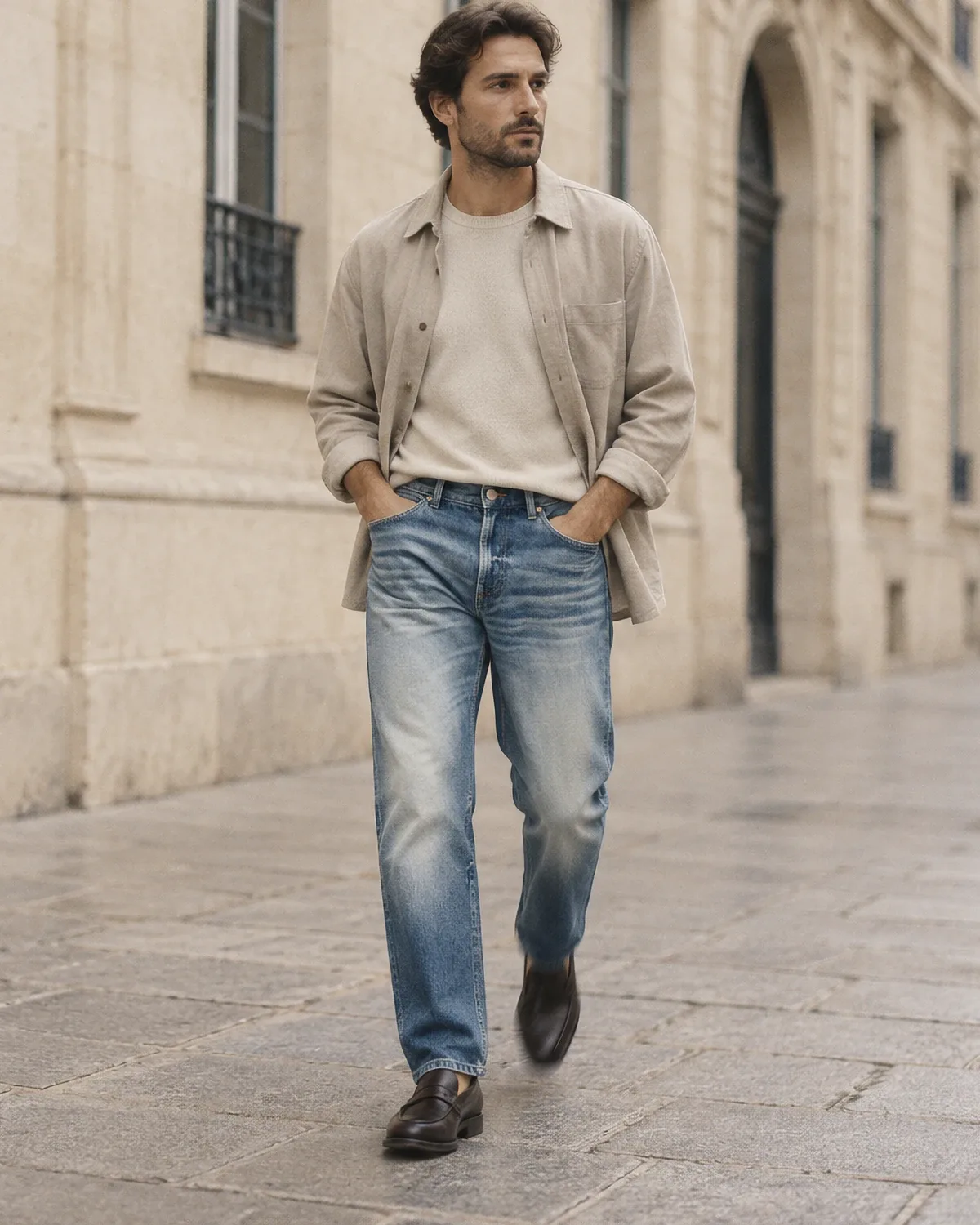 A man walking along a limestone street in a light shirt jacket and loose, vintage-wash jeans.
