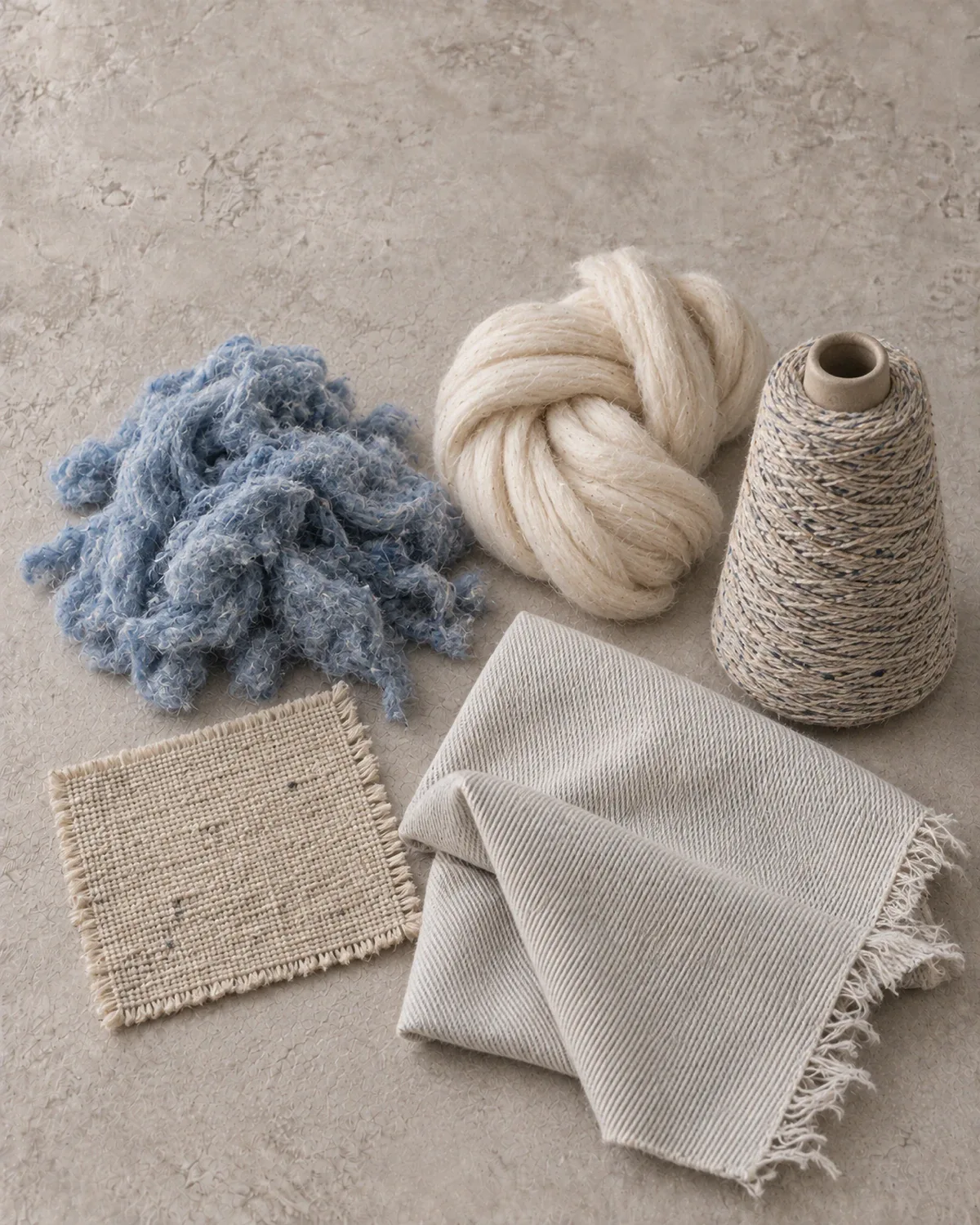 Recycled blue cotton fibre, raw ecru cotton, a cone of mottled recycled yarn, a hemp swatch and undyed denim on pale plaster.