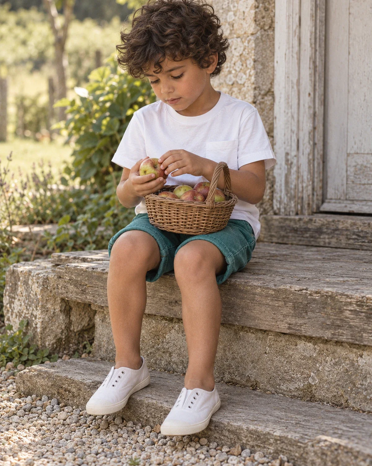 A boy in teal twill shorts sorting apples on a farmhouse step in Normandy.