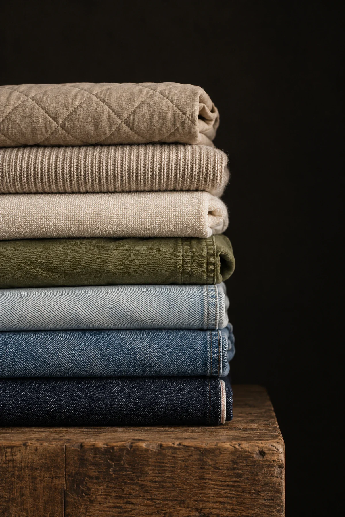 A tall stack of folded fabrics on an oak plinth, seen from the side: rigid, washed and bleached denim, olive twill, ecru fleece, oatmeal rib knit and stone quilted padding.