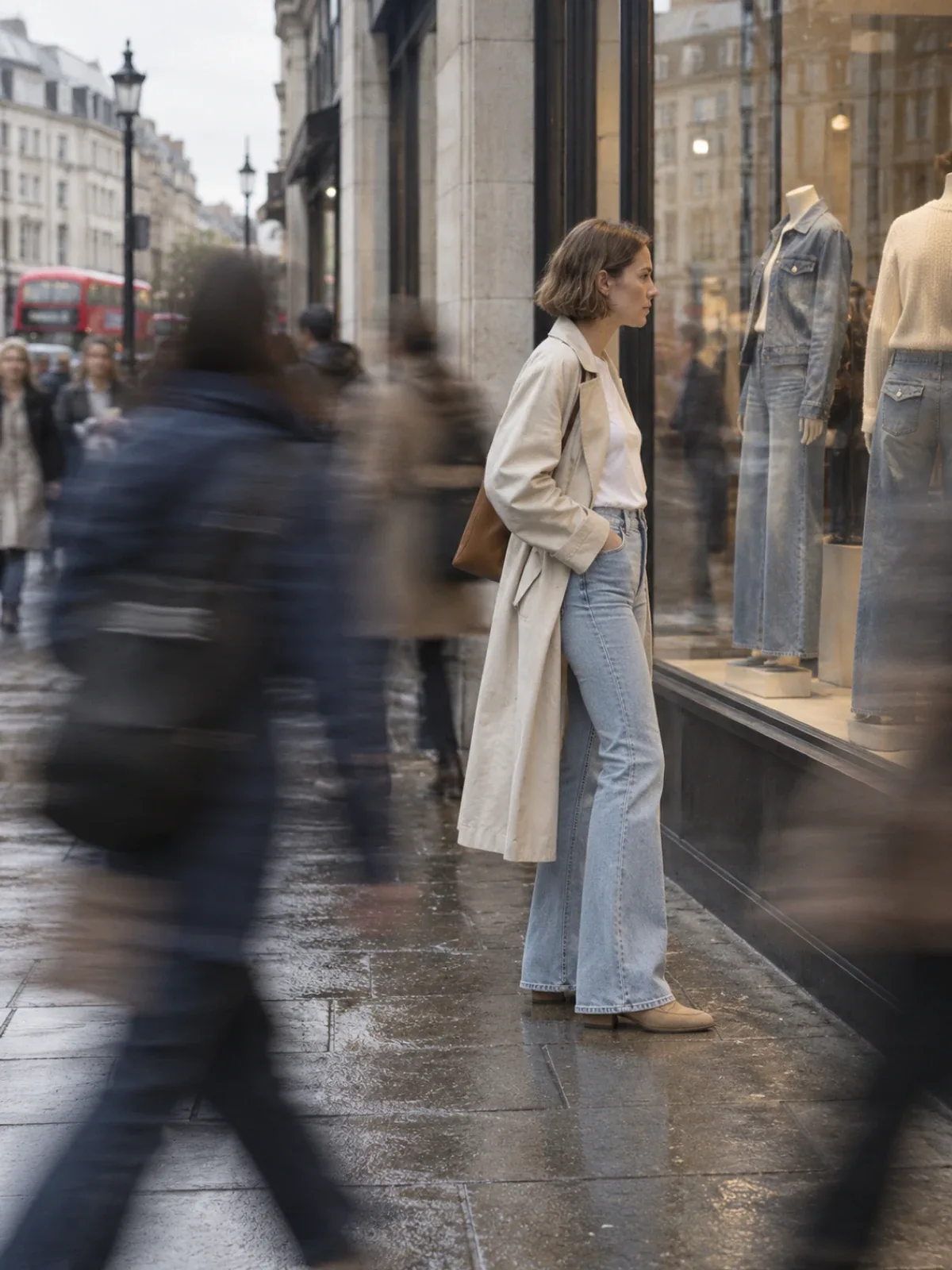 A woman in a trench coat and light flared jeans looks into a denim shop window on a busy London street, passers-by blurred.