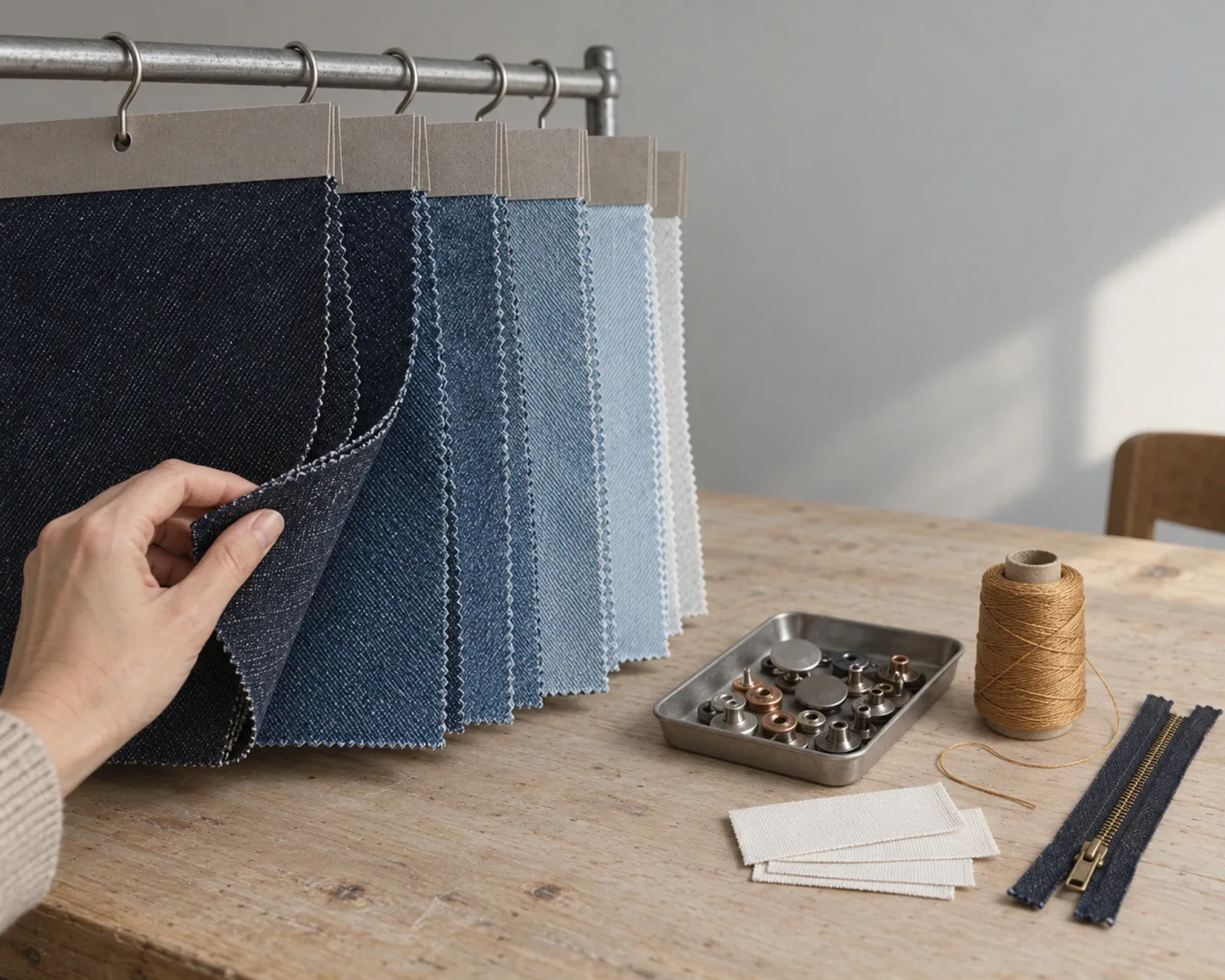 A hand turns the denim swatches on a hanger, from rinse to bleach, beside a tray of shank buttons, a spool of thread and a zip.