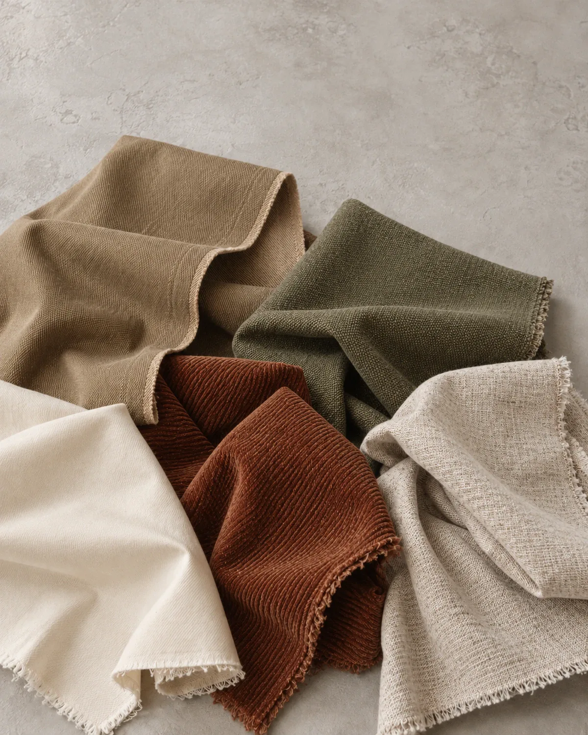Folded non-denim wovens on pale plaster: khaki twill, olive canvas, cream poplin, oatmeal linen and rust corduroy.
